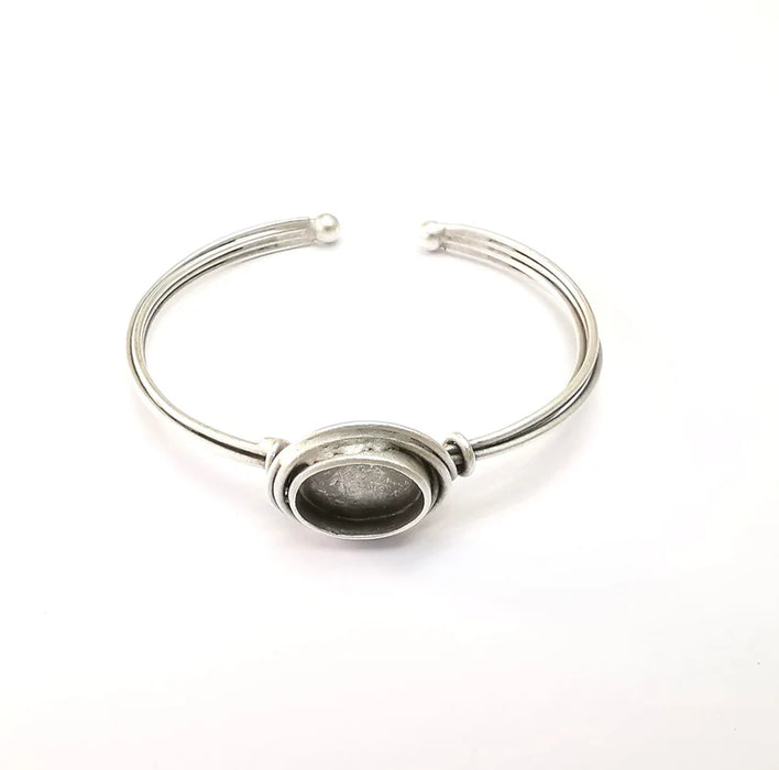 Wire Wrapped Bracelet Bezel, Wrap Cuff Resin Blank, Wristband Base, Cabochon Mounting, Adjustable Antique Silver Plated Brass 13x10mm G34948