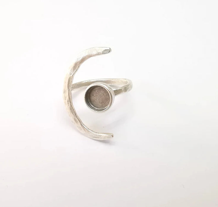 Crescent Ring Setting, Moon Ring, Celestial Ring, Cabochon Blank, Resin Bezel Frame, Adjustable Antique Silver Plated Brass 8mm G34945