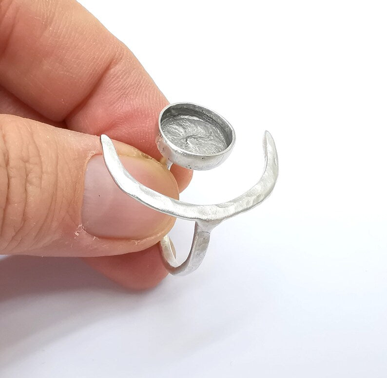 Crescent Ring Setting, Moon Ring, Celestial Ring, Cabochon Blank, Resin Bezel Frame, Adjustable Antique Silver Plated Brass 12mm G34951
