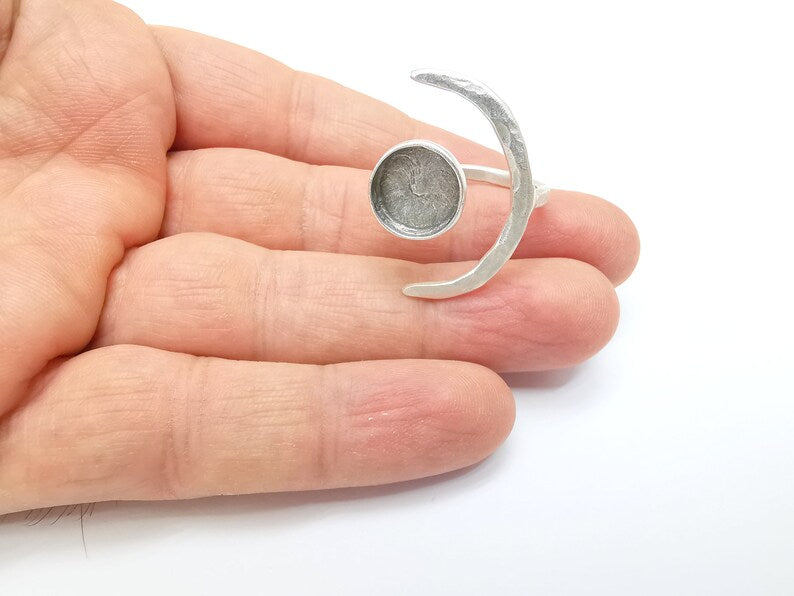 Crescent Ring Setting, Moon Ring, Celestial Ring, Cabochon Blank, Resin Bezel Frame, Adjustable Antique Silver Plated Brass 12mm G34951