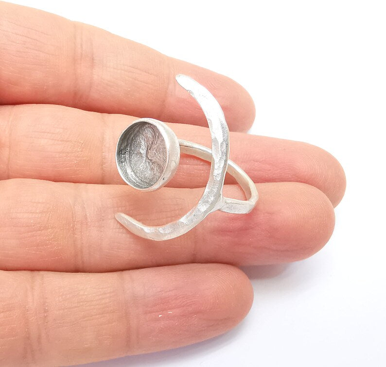 Crescent Ring Setting, Moon Ring, Celestial Ring, Cabochon Blank, Resin Bezel Frame, Adjustable Antique Silver Plated Brass 12mm G34951