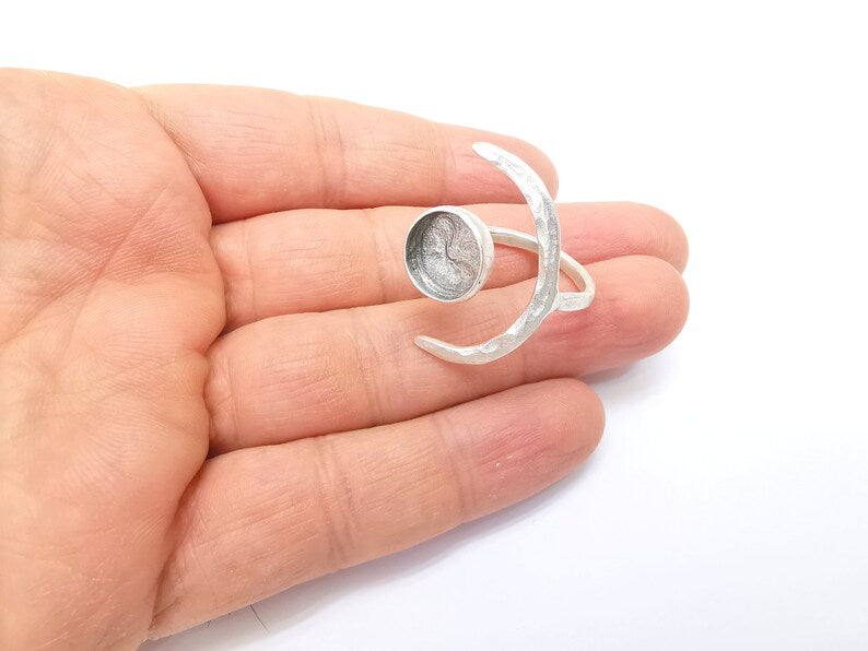 Crescent Ring Setting, Moon Ring, Celestial Ring, Cabochon Blank, Resin Bezel Frame, Adjustable Antique Silver Plated Brass 12mm G34951