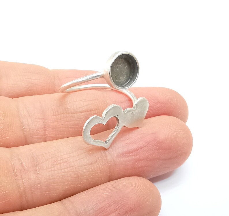 Heart Wrap Ring Setting, Cabochon Blank, Resin Bezel, inlay Mounting, Epoxy Frame Base, Adjustable Antique Silver Plated Brass 8mm G34952