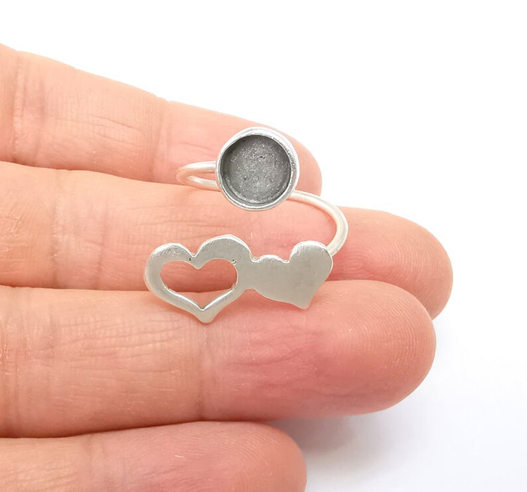 Heart Wrap Ring Setting, Cabochon Blank, Resin Bezel, inlay Mounting, Epoxy Frame Base, Adjustable Antique Silver Plated Brass 8mm G34952