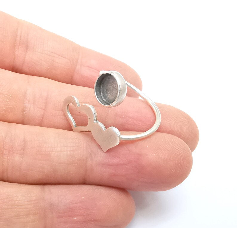 Heart Wrap Ring Setting, Cabochon Blank, Resin Bezel, inlay Mounting, Epoxy Frame Base, Adjustable Antique Silver Plated Brass 8mm G34952