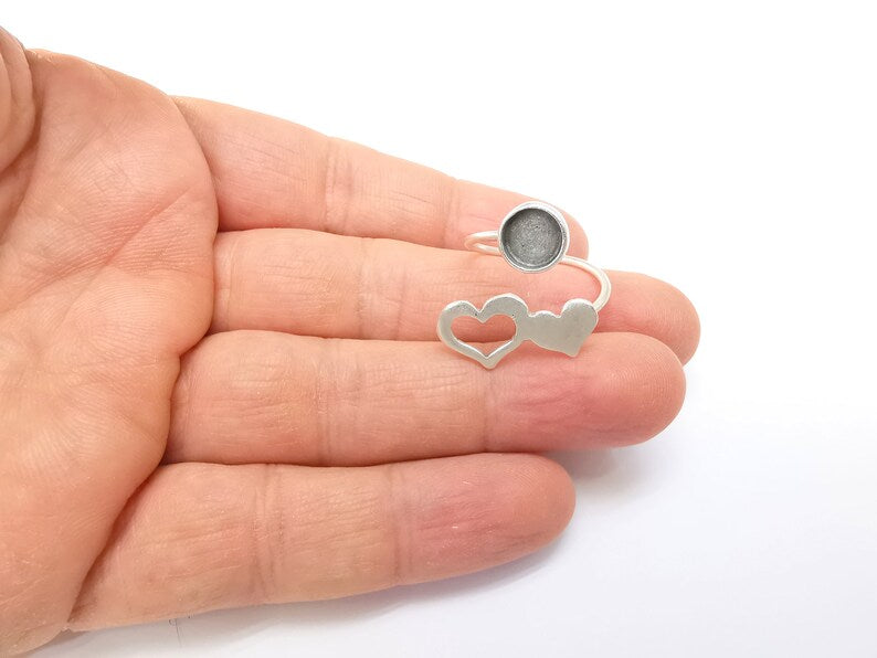 Heart Wrap Ring Setting, Cabochon Blank, Resin Bezel, inlay Mounting, Epoxy Frame Base, Adjustable Antique Silver Plated Brass 8mm G34952