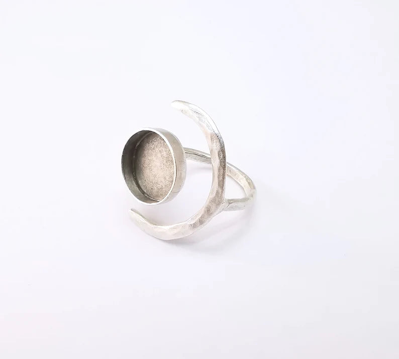 Crescent Ring Setting, Moon Ring, Celestial Ring, Cabochon Blank, Resin Bezel Frame, Adjustable Antique Silver Plated Brass 14mm G34955