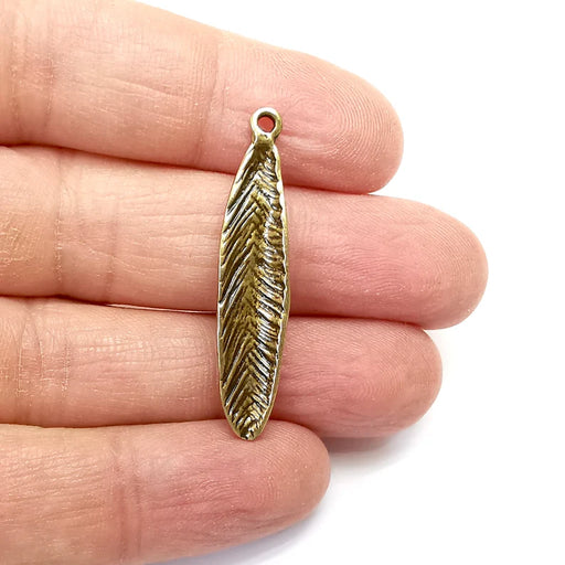 2 Feather Charms, Boho Charms, Leaf Charms, Dangle Earring Charms, Bronze Pendant, Necklace Parts, Antique Bronze Plated 40x8mm G35126