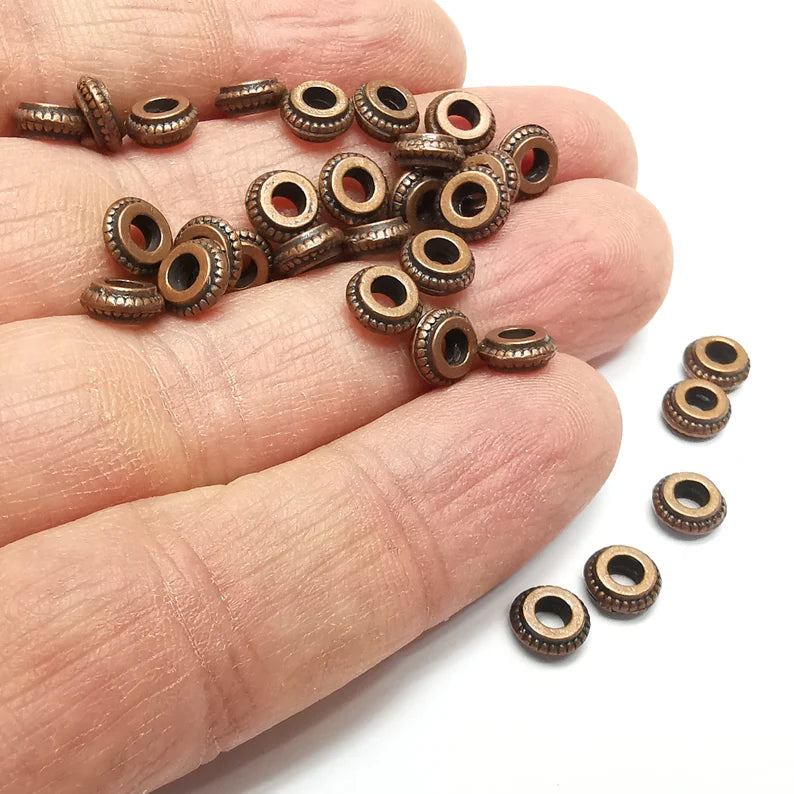 10 Rondelle Beads, Disc Copper Beads, Bracelet Beads, Necklace Beads, Antique Copper Plated Metal 7x3mm G35134