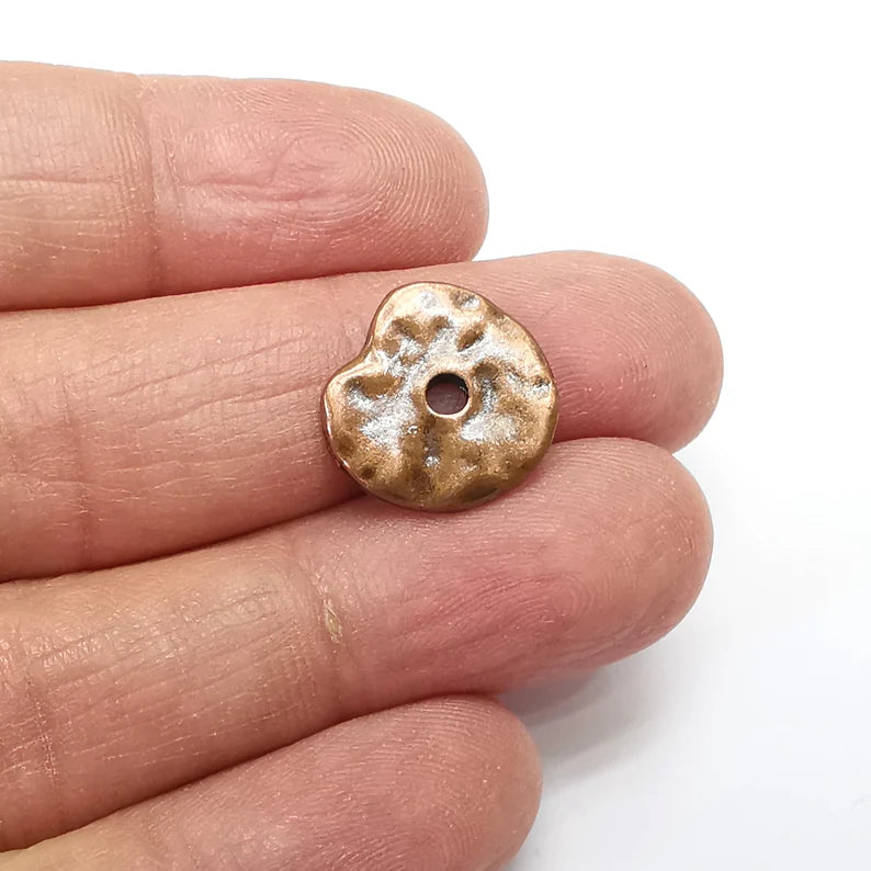 5 Wheel Bead, Hammered Disc, Perforated Connector, Round Jewelry Parts, Bracelet Component, Antique Copper Plated Metal Finding (15mm) G35135