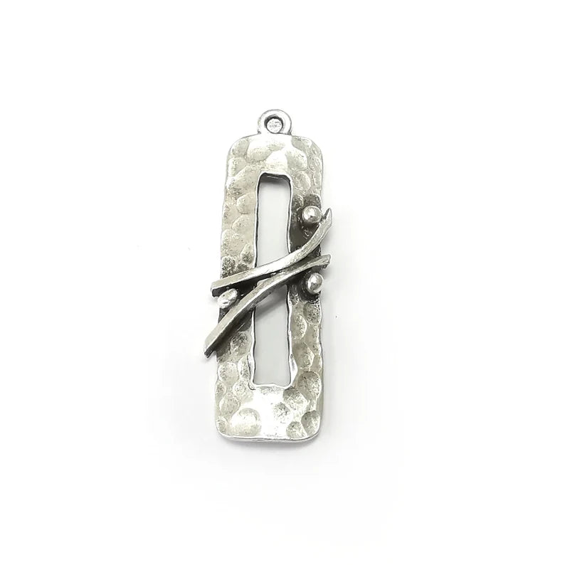 Hammered Charms, Rectangle Charms, Ethnic Earring Charms, Silver Rustic Pendant, Necklace Parts, Antique Silver Plated 47x15mm G35139