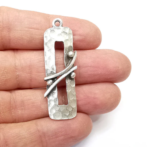 Hammered Charms, Rectangle Charms, Ethnic Earring Charms, Silver Rustic Pendant, Necklace Parts, Antique Silver Plated 47x15mm G35139