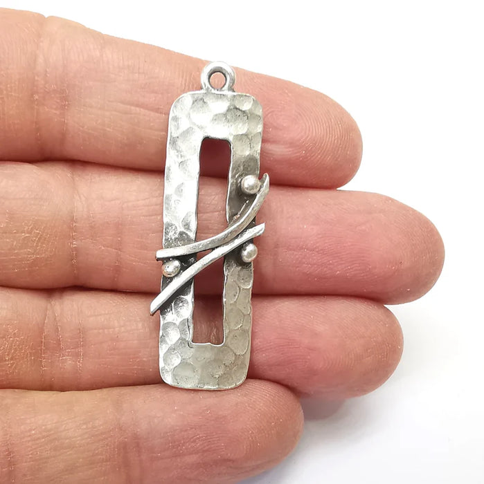 Hammered Charms, Rectangle Charms, Ethnic Earring Charms, Silver Rustic Pendant, Necklace Parts, Antique Silver Plated 47x15mm G35139