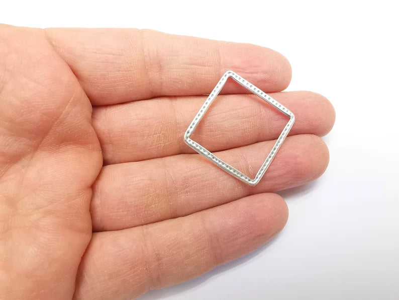 5 Silver Square Connector, Geometric Findings, Jewelry Parts, Silver Necklace Component, Antique Silver Plated Metal Findings (27mm) G35143