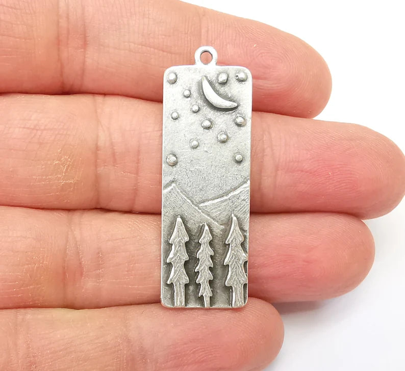Landscape Charms, Moon and Star, Night Sky, Tree Mountain Charms, Forest Pendant, Earring Charms, Antique Silver Plated (43x14mm) G35152