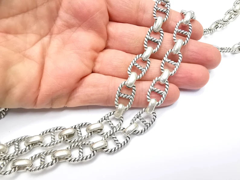 Large Silver Chain, (1 Meter - 3.3 feet ) Specialty Chains, Necklace, Bracelet, Belt, Bag Chain, Jewelry Accessory Chain, Antique Silver Plated (18x13mm) G34975