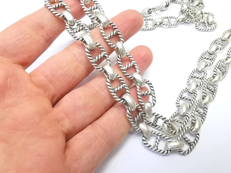 Large Silver Chain, (1 Meter - 3.3 feet ) Specialty Chains, Necklace, Bracelet, Belt, Bag Chain, Jewelry Accessory Chain, Antique Silver Plated (18x13mm) G34975