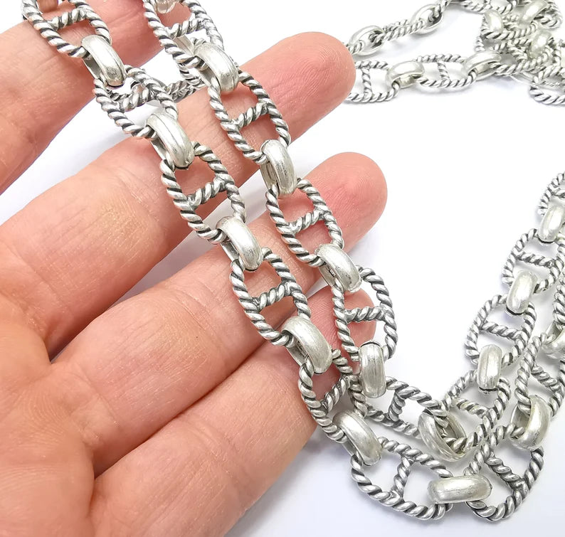 Large Silver Chain, (1 Meter - 3.3 feet ) Specialty Chains, Necklace, Bracelet, Belt, Bag Chain, Jewelry Accessory Chain, Antique Silver Plated (18x13mm) G34975