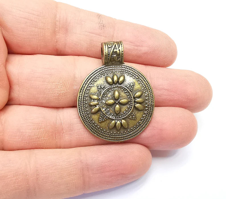 Bronze Medallion Pendant, Locket Pendant, Ethnic Pendant, Rustic Pendant, Tribal Pendant, Boho Charm, Antique Bronze Plated (38x29mm) G34978