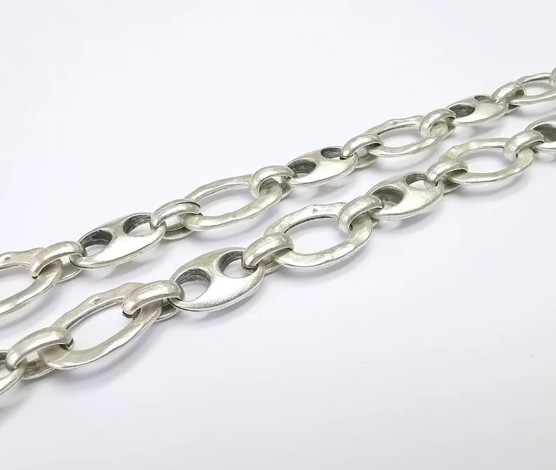 Large Silver Chain, (1 Meter - 3.3 feet ) Specialty Chains, Necklace, Bracelet, Belt, Bag Chain, Jewelry Accessory Chain, Antique Silver Plated (23x16mm) G34979