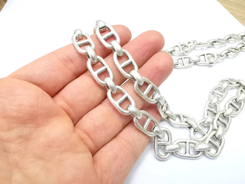 Large Silver Chain, (1 Meter - 3.3 feet ) Specialty Chains, Necklace, Bracelet, Belt, Bag Chain, Jewelry Accessory Chain, Antique Silver Plated (21x11mm) G34983