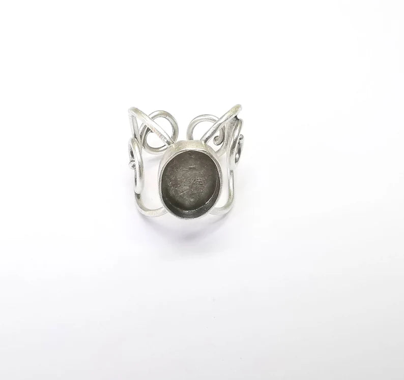 Wrap Ring Setting, Cabochon Blank, Resin Bezel, inlay Mounting, Epoxy Base, Ring Frame, Adjustable Antique Silver Plated Brass 14x10 G34985