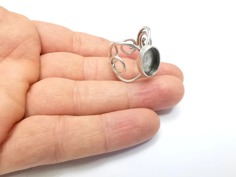 Wrap Ring Setting, Cabochon Blank, Resin Bezel, inlay Mounting, Epoxy Base, Ring Frame, Adjustable Antique Silver Plated Brass 14x10 G34985