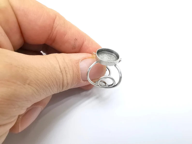 Wrap Ring Setting, Cabochon Blank, Resin Bezel, inlay Mounting, Epoxy Base, Ring Frame, Adjustable Antique Silver Plated Brass 14x10 G34985