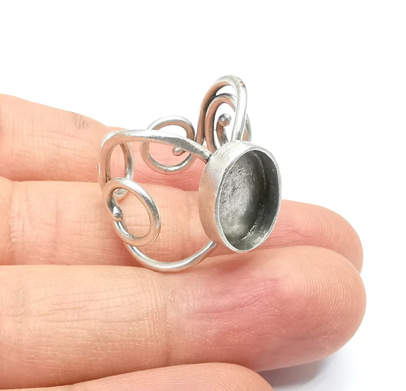 Wrap Ring Setting, Cabochon Blank, Resin Bezel, inlay Mounting, Epoxy Base, Ring Frame, Adjustable Antique Silver Plated Brass 14x10 G34985
