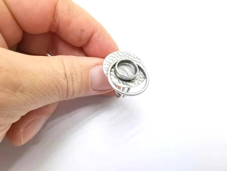 Silver Ring Setting, Cabochon Blank, Resin Bezel, inlay Mounting, Epoxy Base, Ring Frame, Adjustable Antique Silver Plated Brass 8mm G34986