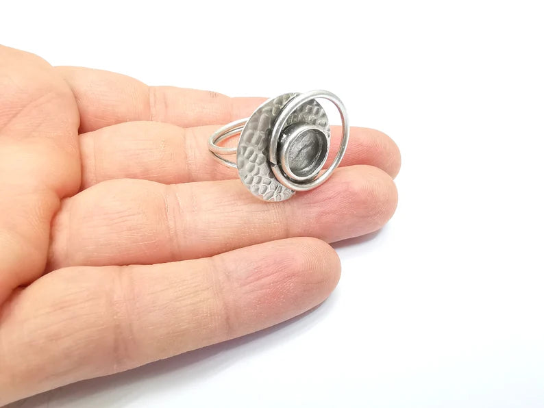 Silver Ring Setting, Cabochon Blank, Resin Bezel, inlay Mounting, Epoxy Base, Ring Frame, Adjustable Antique Silver Plated Brass 8mm G34986