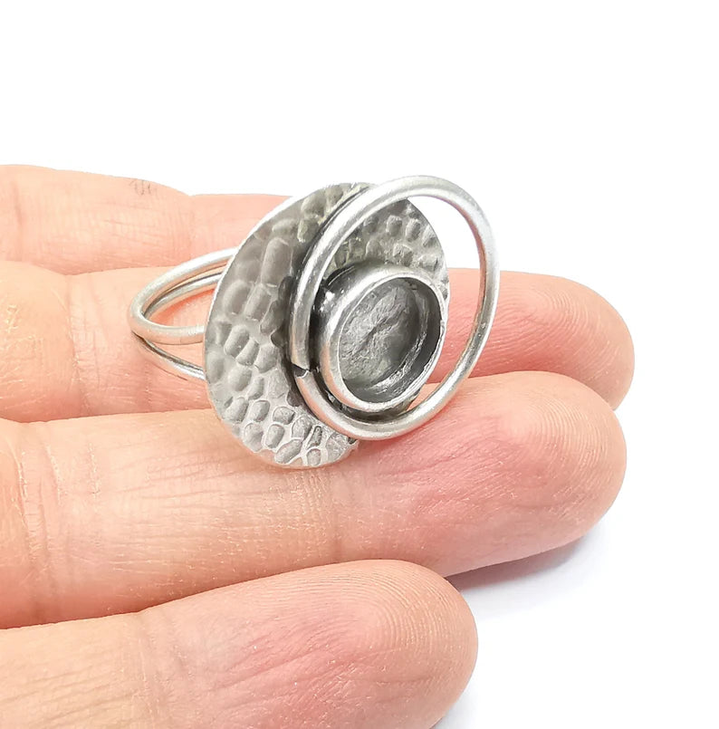 Silver Ring Setting, Cabochon Blank, Resin Bezel, inlay Mounting, Epoxy Base, Ring Frame, Adjustable Antique Silver Plated Brass 8mm G34986