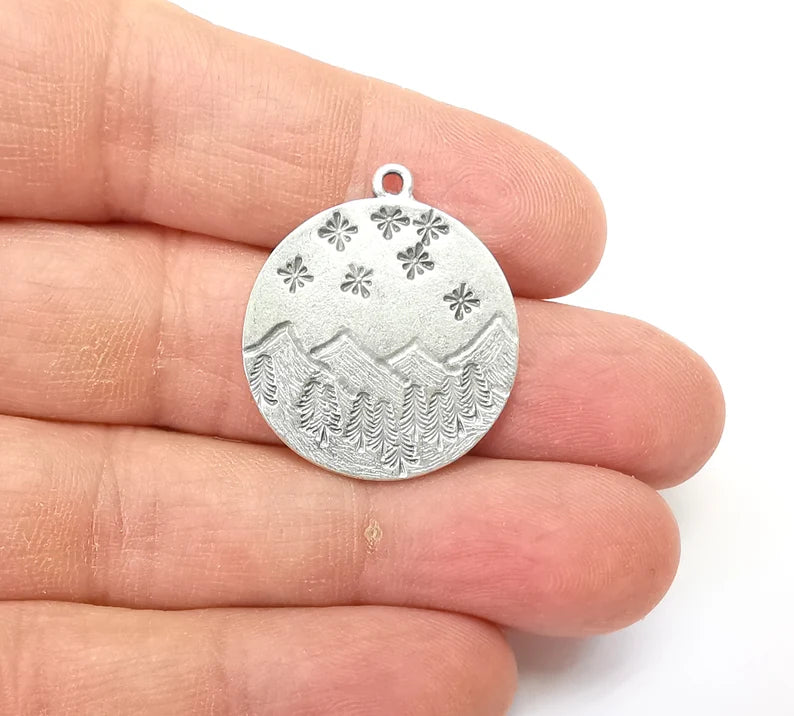Landscape Charm, Winter Charm, Snowflake Charm,Tree Mountain Charm, Forest Pendant, Earring Charms, Antique Silver Plated (29x26mm) G35158