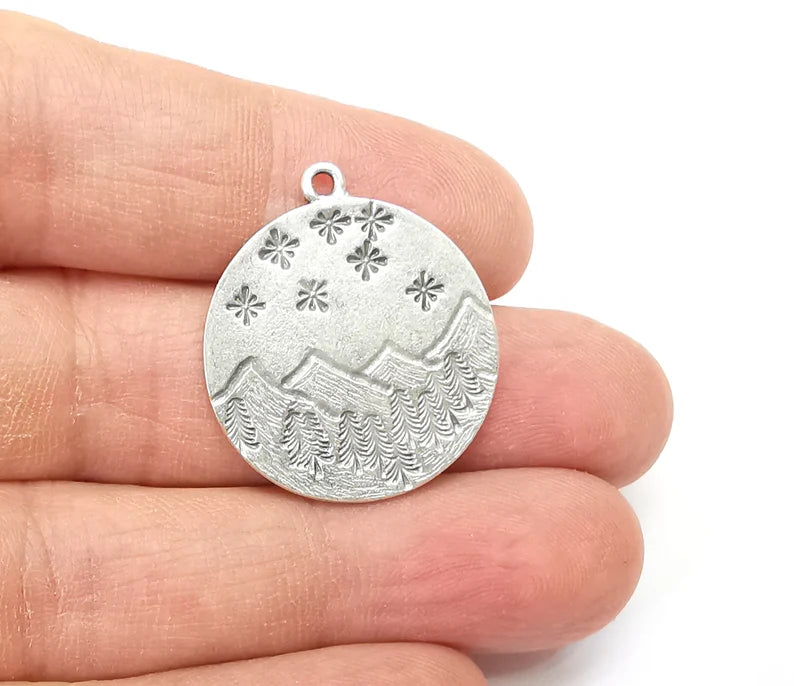 Landscape Charm, Winter Charm, Snowflake Charm,Tree Mountain Charm, Forest Pendant, Earring Charms, Antique Silver Plated (29x26mm) G35158