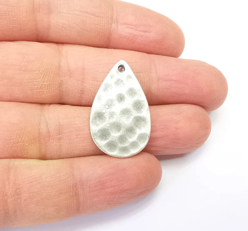 2 Hammered Drop Charms, Boho Charms, Dangle Charm, DIY Charms, Earring Charm, Teardrop Necklace Parts, Antique Silver Plated 29x18mm G35159