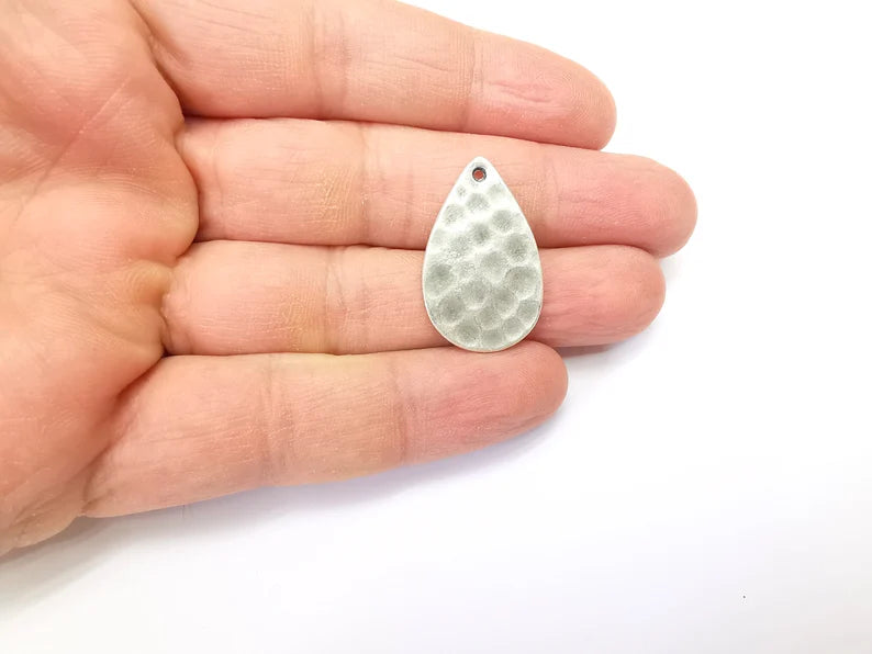 2 Hammered Drop Charms, Boho Charms, Dangle Charm, DIY Charms, Earring Charm, Teardrop Necklace Parts, Antique Silver Plated 29x18mm G35159