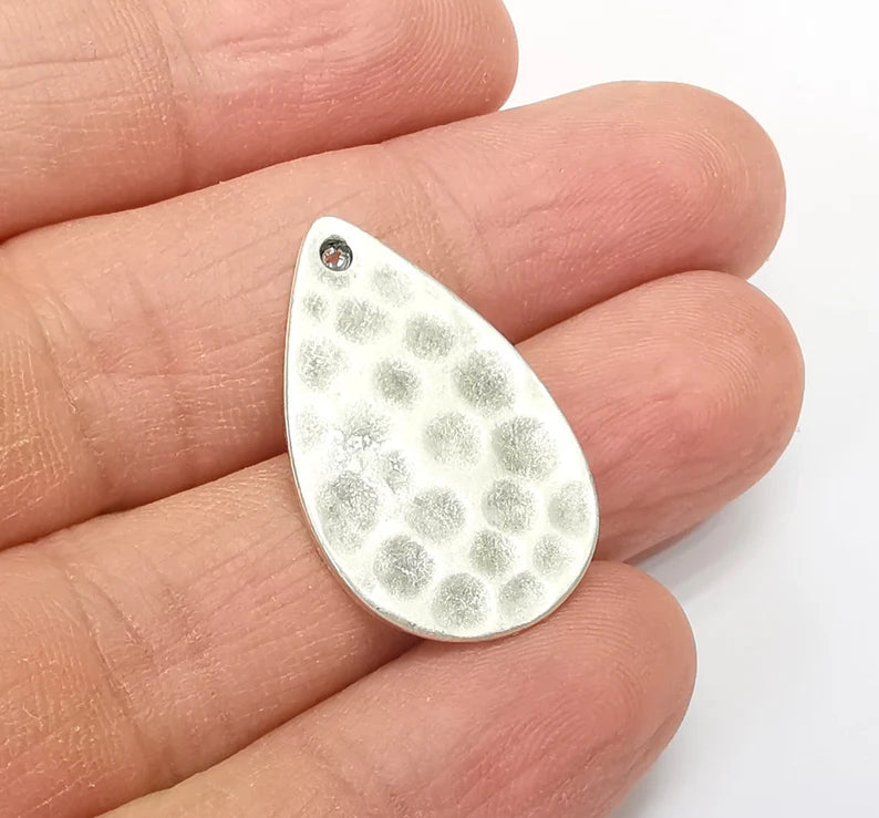 2 Hammered Drop Charms, Boho Charms, Dangle Charm, DIY Charms, Earring Charm, Teardrop Necklace Parts, Antique Silver Plated 29x18mm G35159