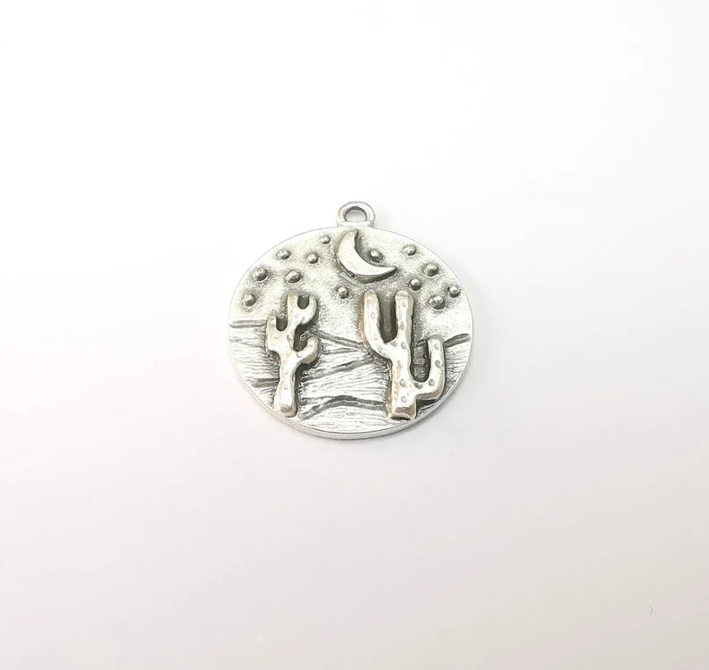Desert Charms, Cactus Charm, Dune Charm, Desert Night Charms, Crescent Star Charms, Earring Parts, Antique Silver Plated 28x25mm G35161