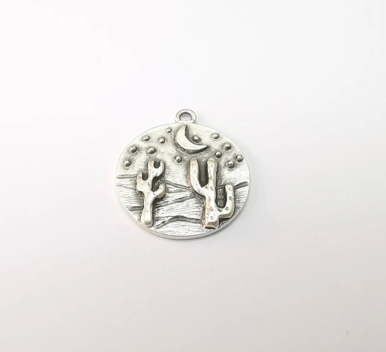 Desert Charms, Cactus Charm, Dune Charm, Desert Night Charms, Crescent Star Charms, Earring Parts, Antique Silver Plated 28x25mm G35161