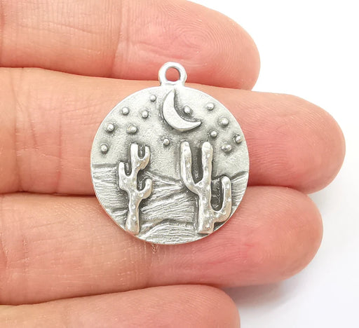 Desert Charms, Cactus Charm, Dune Charm, Desert Night Charms, Crescent Star Charms, Earring Parts, Antique Silver Plated 28x25mm G35161