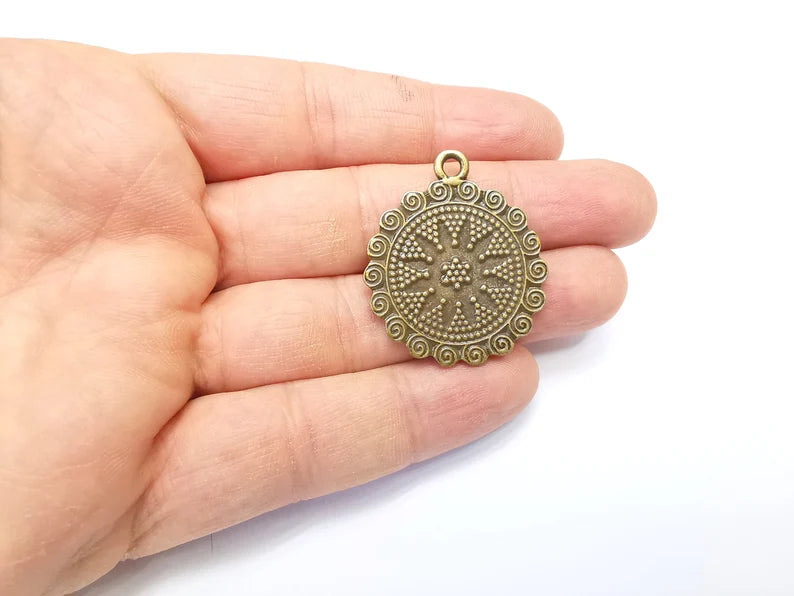 Bronze Medallion Charms, Locket Pendant,Ethnic Pendant, Rustic Charms, Tribal Pendant, Boho Charm, Antique Bronze Plated (39x33mm) G34993