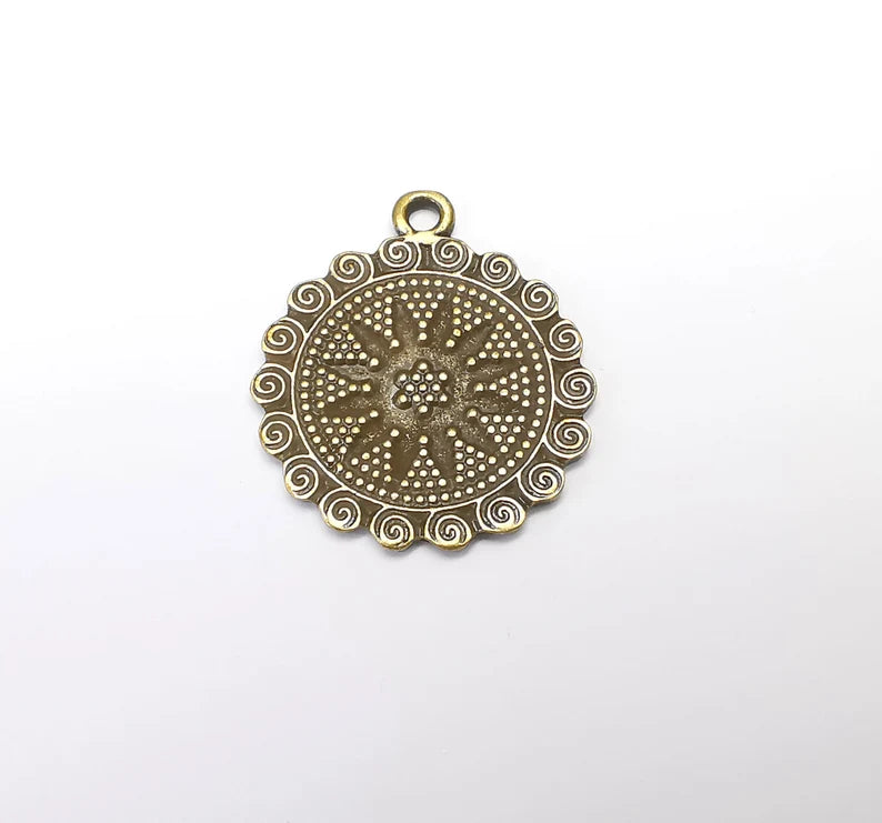 Bronze Medallion Charms, Locket Pendant,Ethnic Pendant, Rustic Charms, Tribal Pendant, Boho Charm, Antique Bronze Plated (39x33mm) G34993