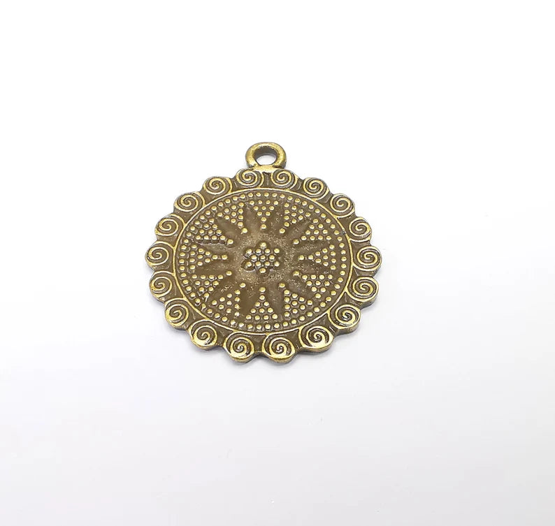Bronze Medallion Charms, Locket Pendant,Ethnic Pendant, Rustic Charms, Tribal Pendant, Boho Charm, Antique Bronze Plated (39x33mm) G34993