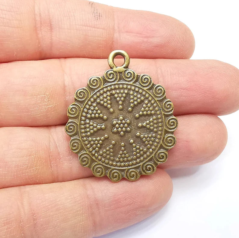 Bronze Medallion Charms, Locket Pendant,Ethnic Pendant, Rustic Charms, Tribal Pendant, Boho Charm, Antique Bronze Plated (39x33mm) G34993