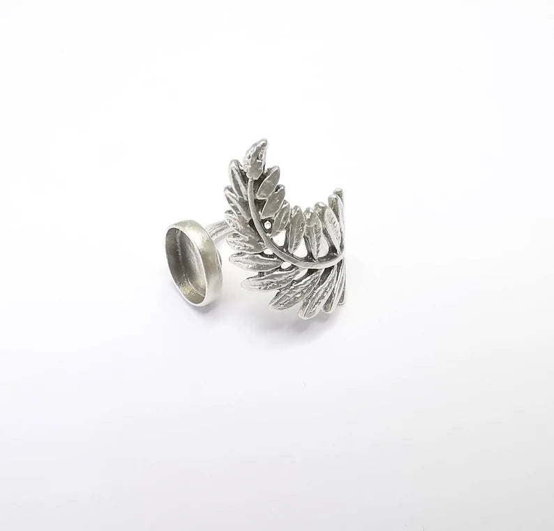 Fern Ring Setting, Cabochon Blank, Resin Bezel, Leaf Mounting, Epoxy Frame Base, Adjustable Antique Silver Plated Brass 11x8mm G34994