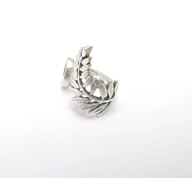 Fern Ring Setting, Cabochon Blank, Resin Bezel, Leaf Mounting, Epoxy Frame Base, Adjustable Antique Silver Plated Brass 11x8mm G34994