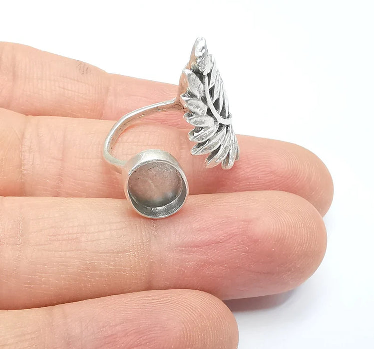 Fern Ring Setting, Cabochon Blank, Resin Bezel, Leaf Mounting, Epoxy Frame Base, Adjustable Antique Silver Plated Brass 11x8mm G34994