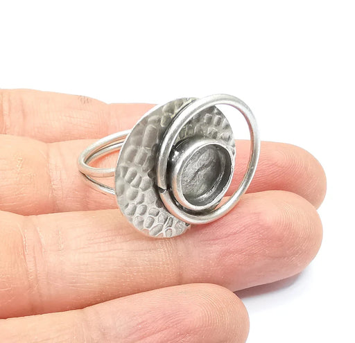 Silver Ring Setting, Cabochon Blank, Resin Bezel, inlay Mounting, Epoxy Base, Ring Frame, Adjustable Antique Silver Plated Brass 10mm G34995