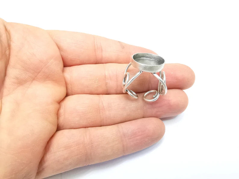 Wrap Ring Setting, Cabochon Blank, Resin Bezel, inlay Mounting, Epoxy Base, Ring Frame, Adjustable Antique Silver Plated Brass 14mm G34996