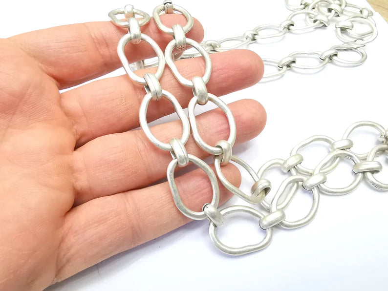 Large Silver Chain, (1 Meter - 3.3 feet ) Specialty Chains, Necklace, Bracelet, Belt, Bag Chain, Jewelry Accessory Chain, Antique Silver Plated (25x17mm) G34997